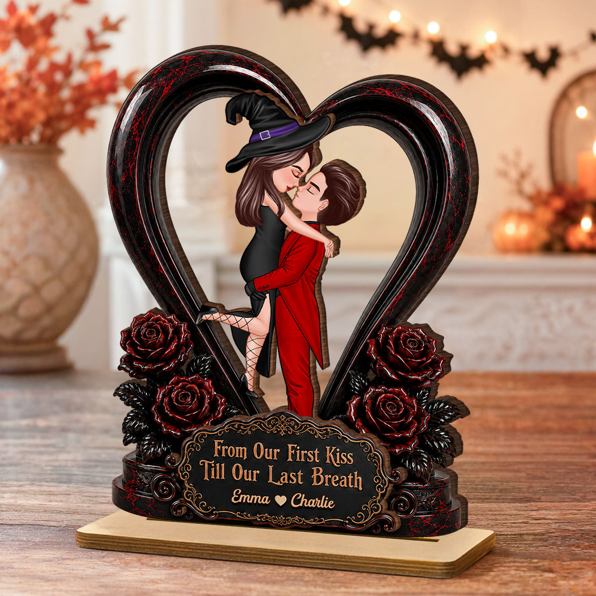 From Our First Kiss Til Our Last Breath Halloween Couple - Personalized 2-Layered Wooden Plaque - Heartfelt Keepsake for Him, for Her