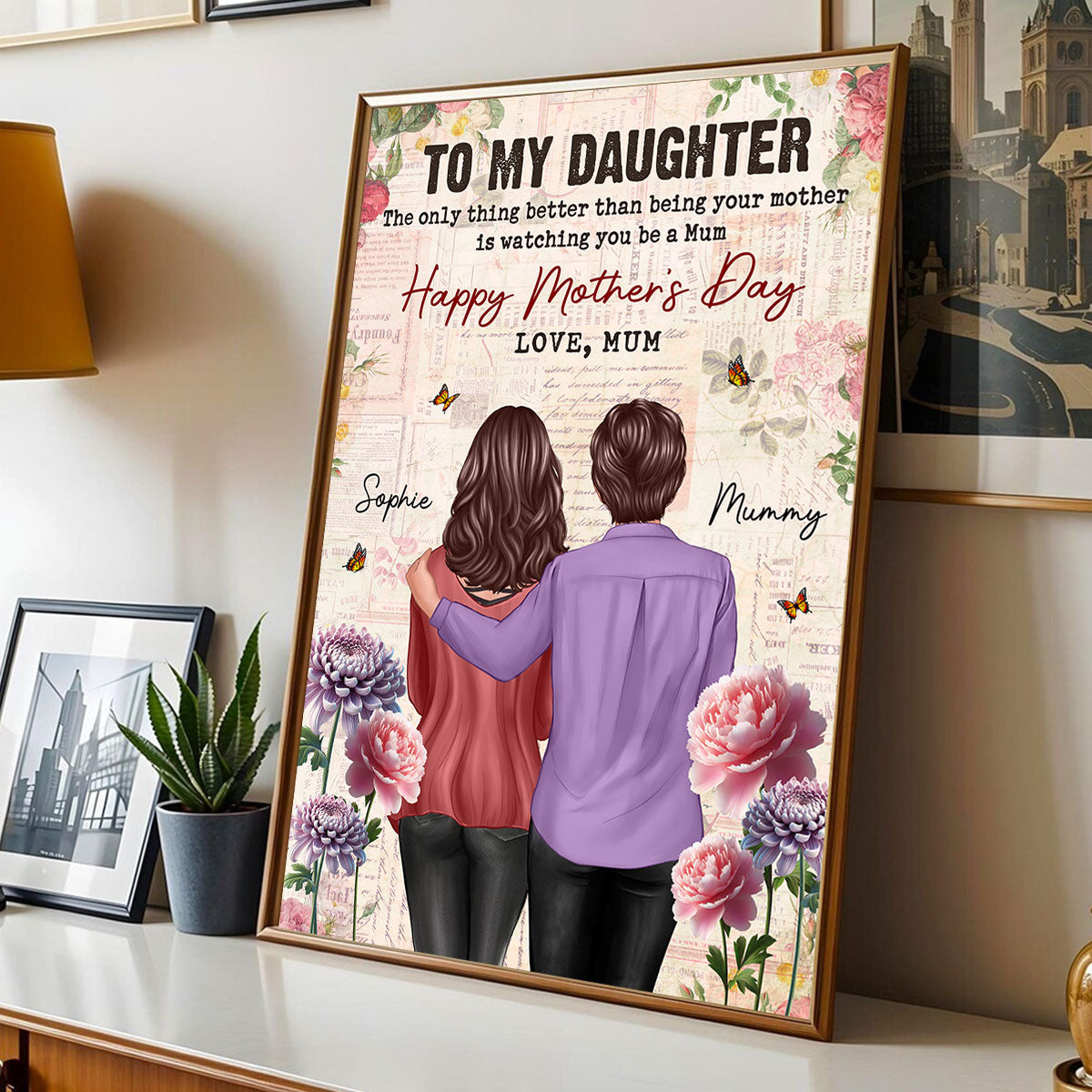 Vintage Floral Newspaper To My Daughter From Mum Birth Month Flower - Personalised Poster