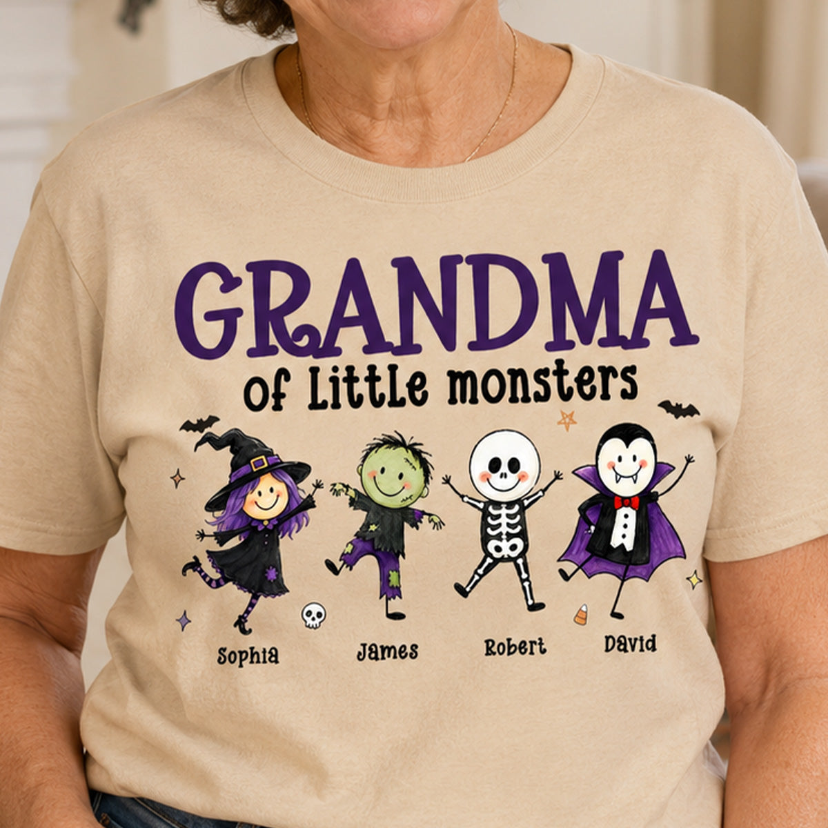 Grandma Mom Of Little Monsters Cute Doodle Characters - Personalized Shirt - Halloween Costume For Mom Grandma