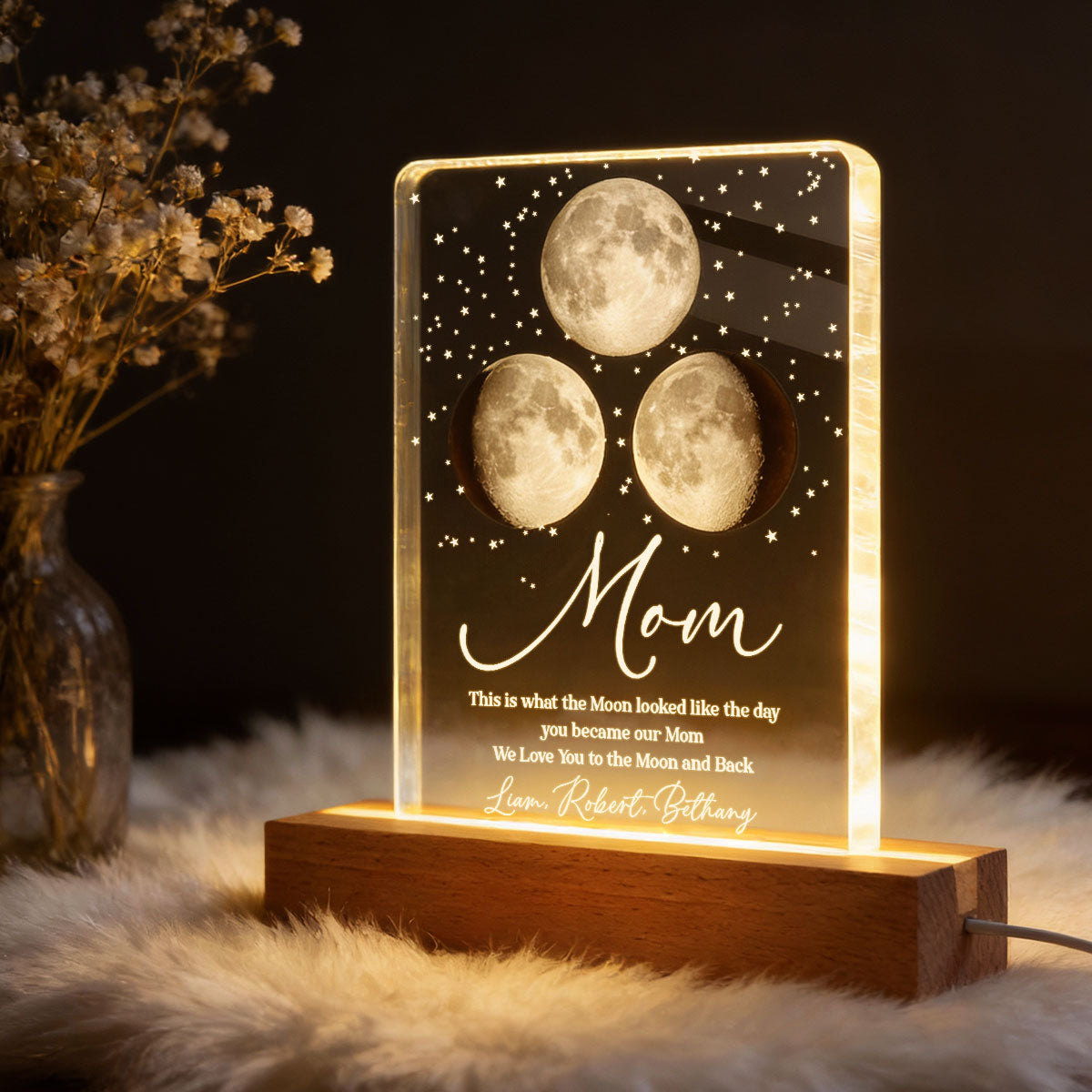 Mom I Love You to the Moon and Back, Custom Moon Phase by Date - Personalized Acrylic Block LED Night Light - Heartfelt Gift for Mom
