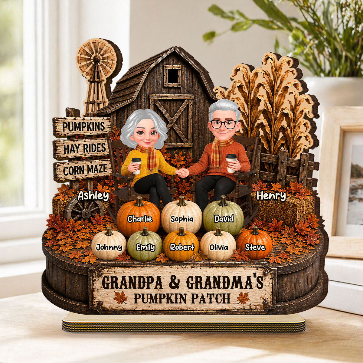 Fall Season Rustic Barnhouse Grandma Grandpa Little Pumpkins - Personalized 2-Layered Wooden Plaque - Fall Decor For Grandparents