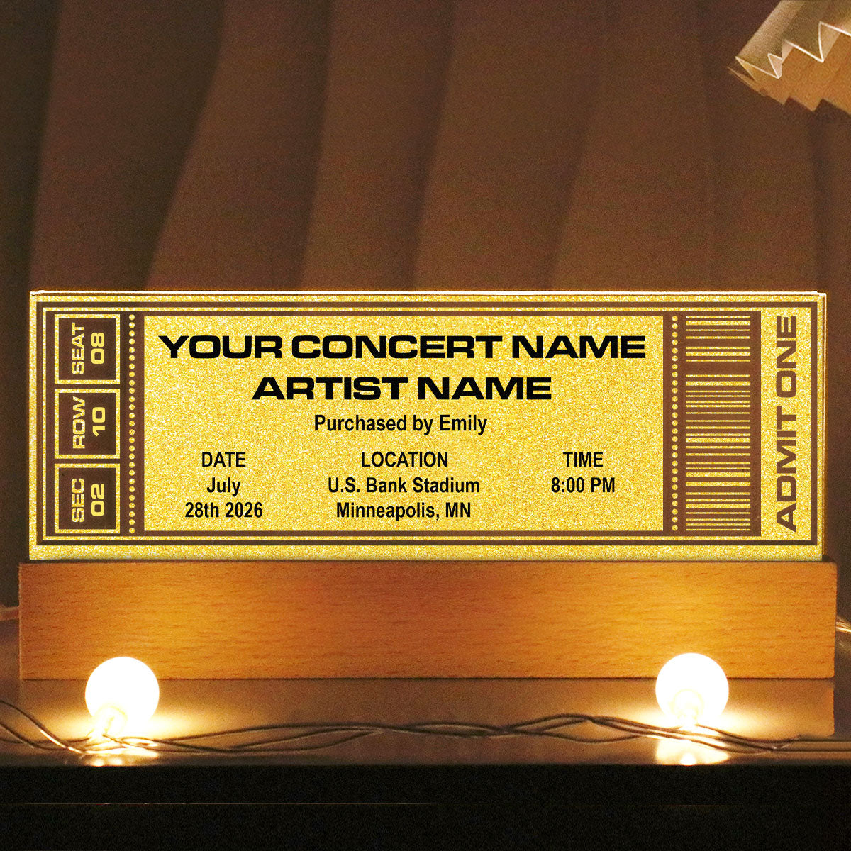 Custom Favorite Music Concert Photo Ticket - Personalized Acrylic Block LED Night Light - Valentine's Day Gift for her, for him