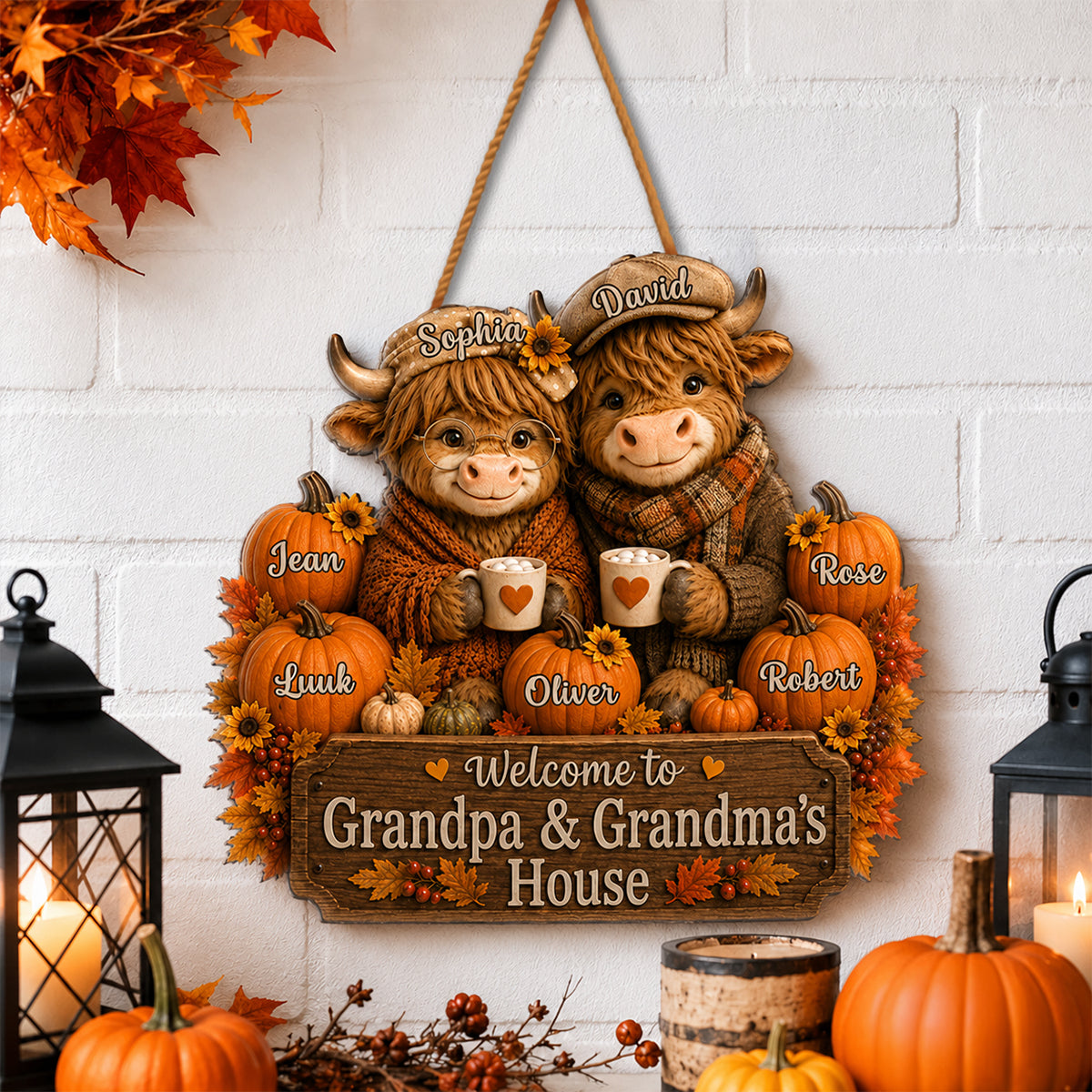 Welcome To Grandpa Grandpa's House Highland Cow - Personalized Wood Sign - Fall Season Decor Gift, Gift For Grandma, Grandpa