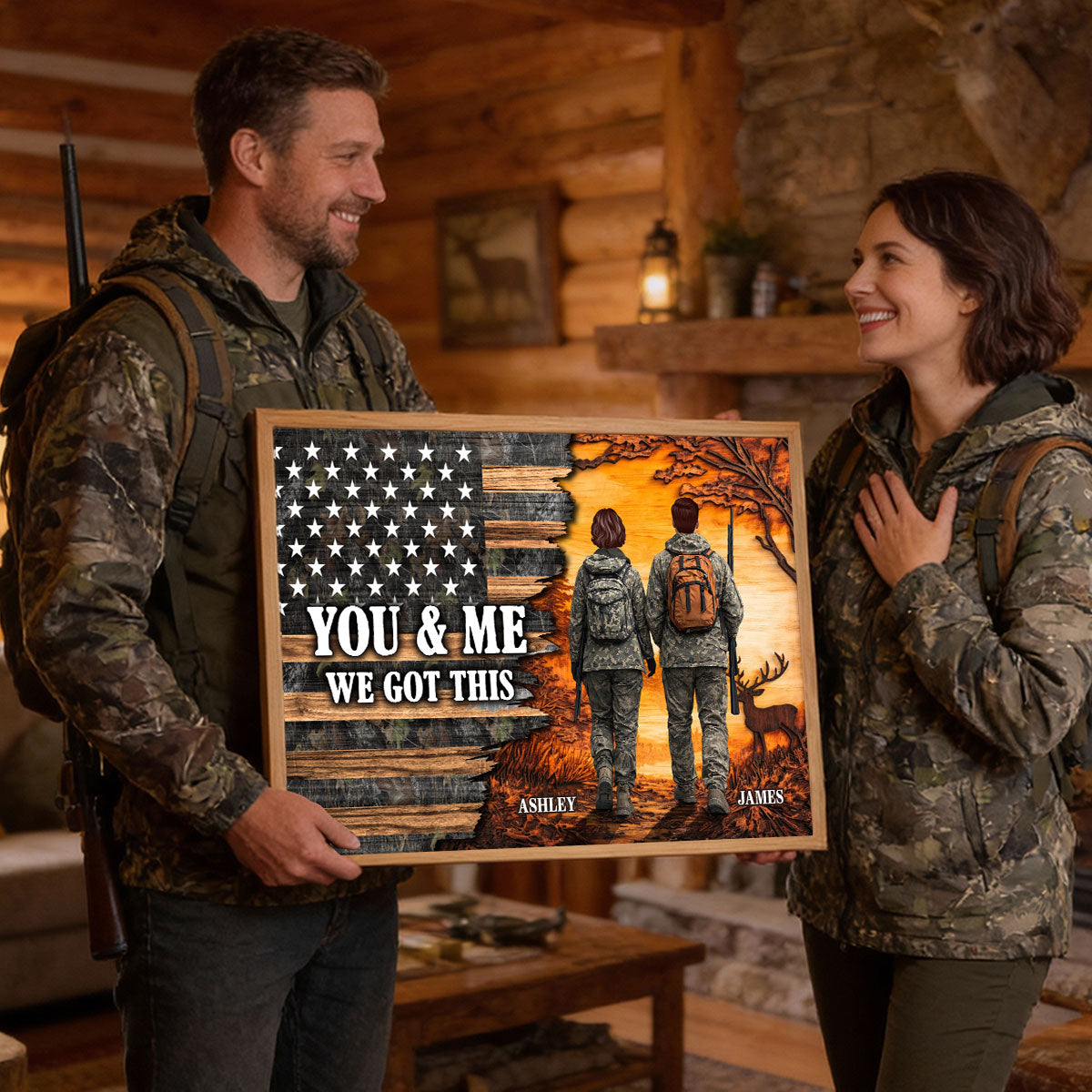 Eternal Love Back View Hunting Couple Half Nation Flag - Personalized Poster - Gift For Hunting Couple, Hunters, Gift For Him, For Her