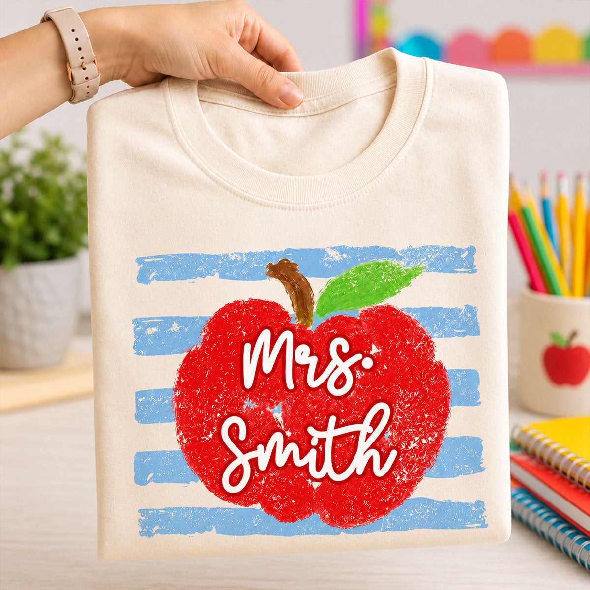 Coastal Apple Pencil Stripes - Personalized Shirt - Back To School Gift For Teacher