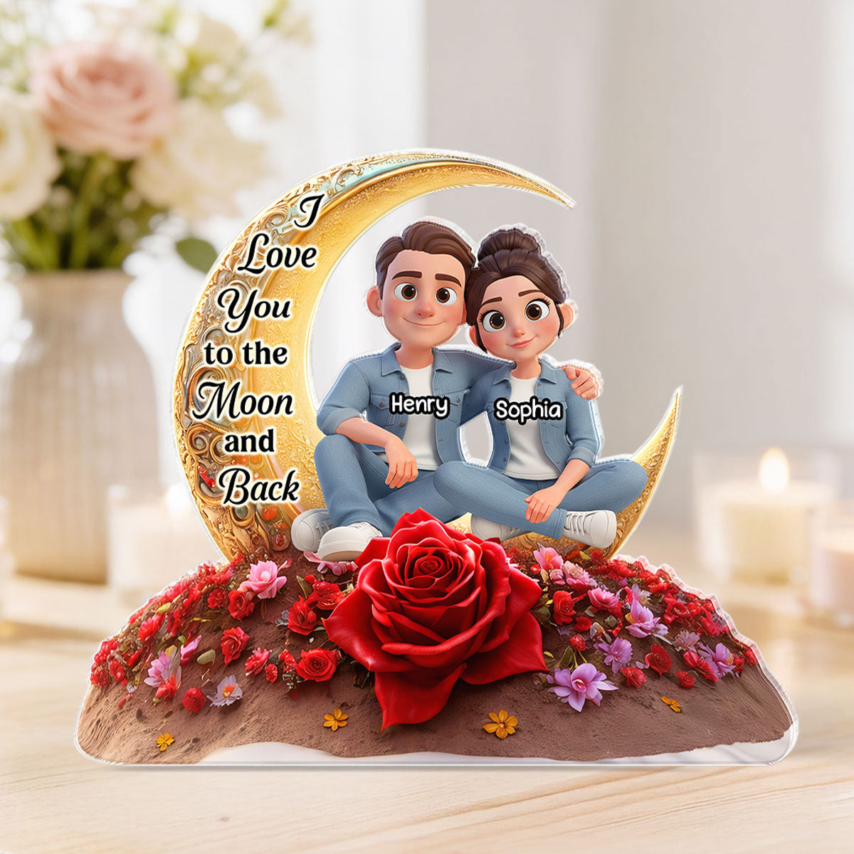 I Love You To The Moon And Back Moon Rose - Personalized Acrylic Block Plaque - Anniversary, Valentine's Day Gift, Gift For Him, Gift For Her