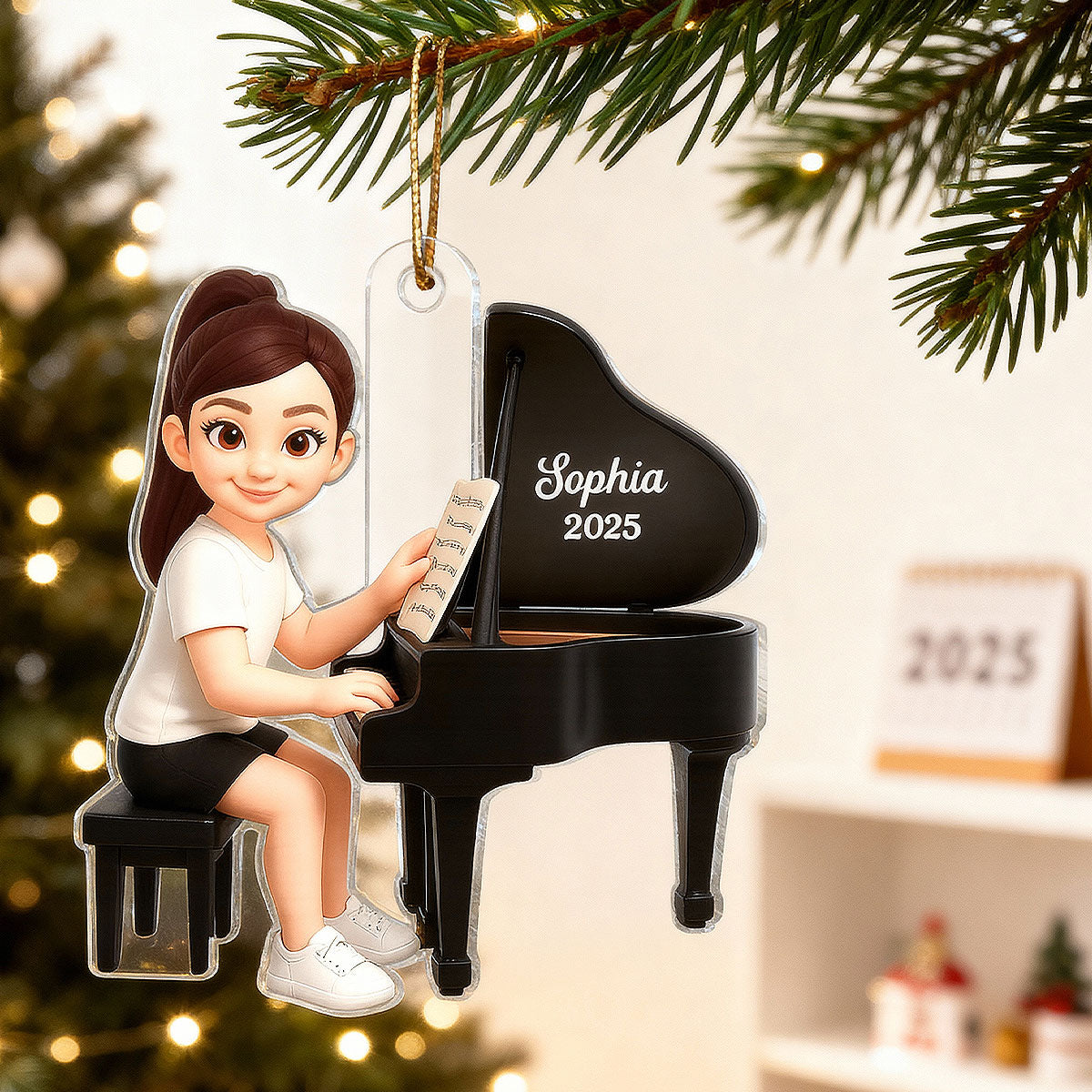 Christmas Girl Boy Playing Piano - Personalized Acrylic Ornament - Gift For Pianists, Performers, Piano Lovers