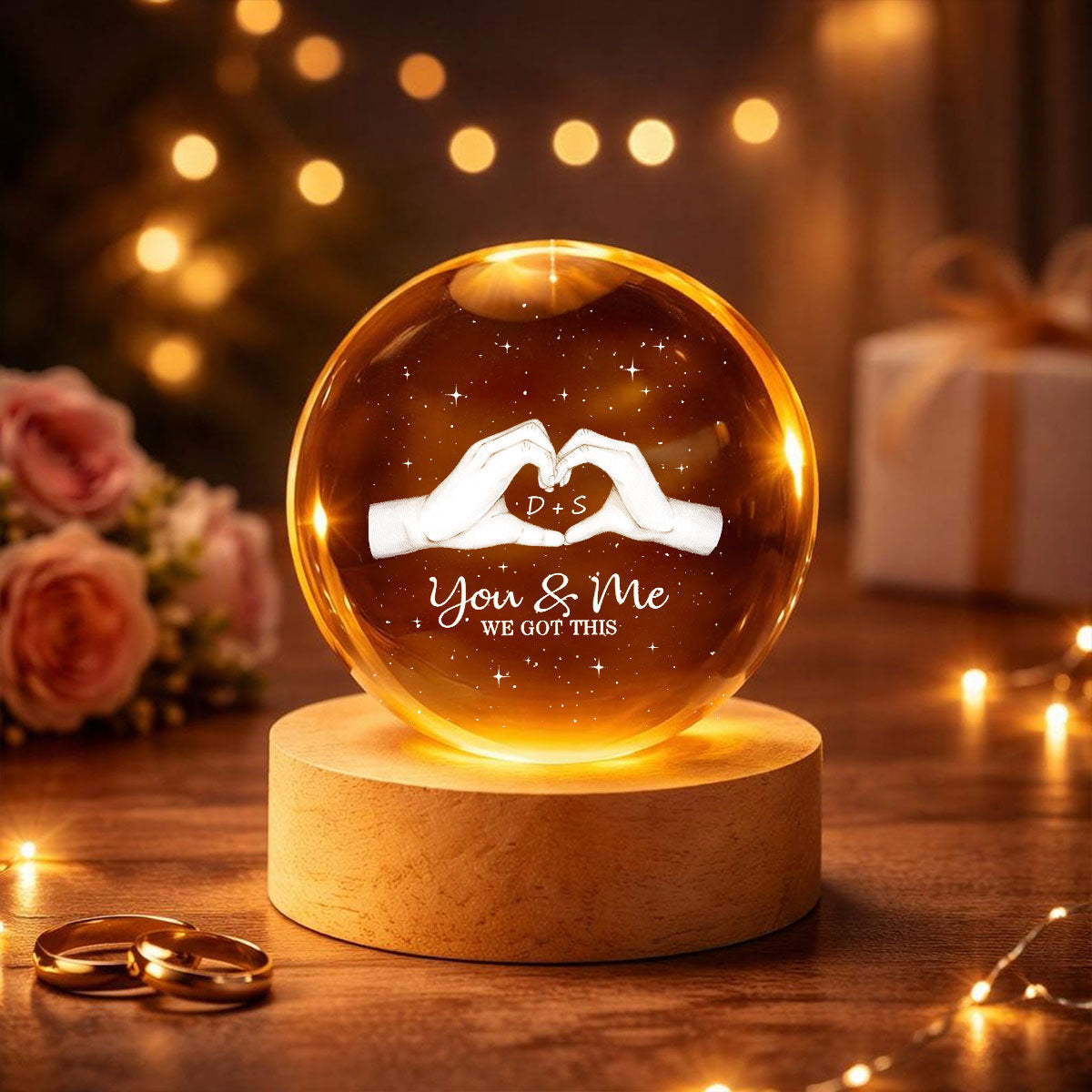 Hearts Hands Couple Initials - Personalized Crystal Ball LED Night Light - Valentine's Day Gift For Couple