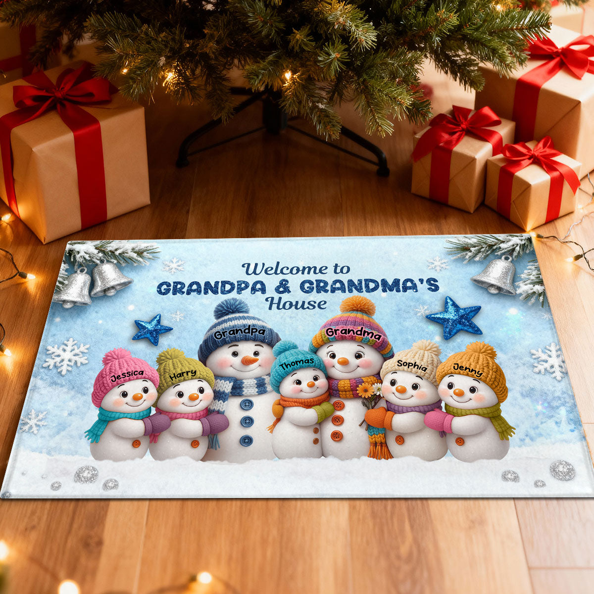 3D Effect Snowy Christmas Snowman Welcome To Grandma Grandpa House - Personalized Doormat