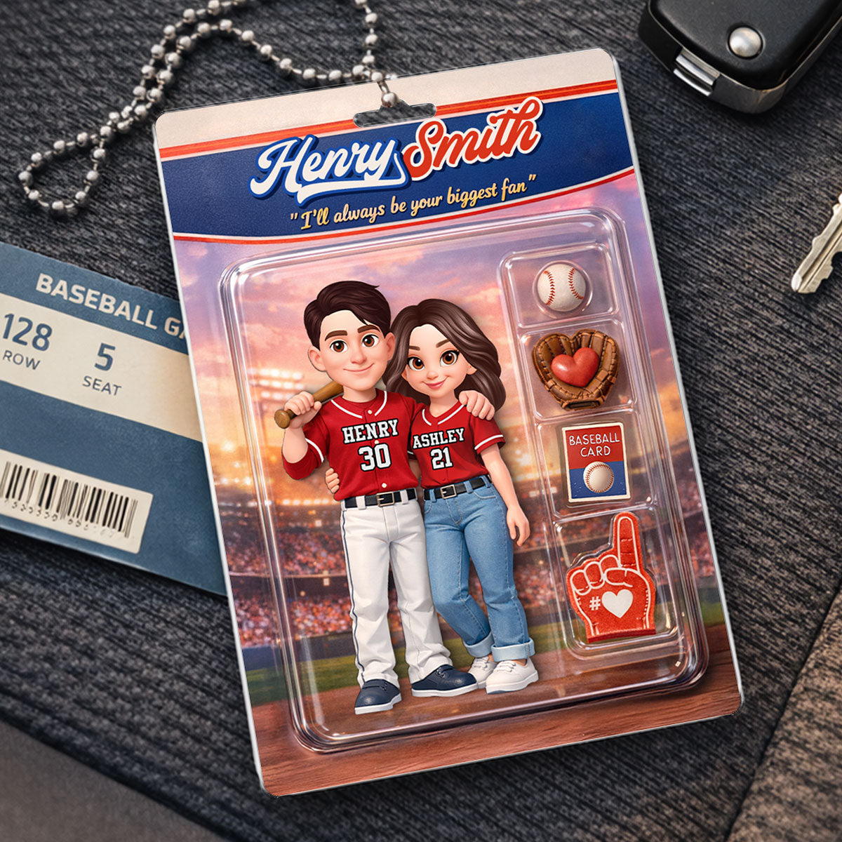 Baseball Couple I'll Always Be Your Biggest Fan Custom Action Figure - Personalized Acrylic Car Hanger - Sentimental Gift for Him