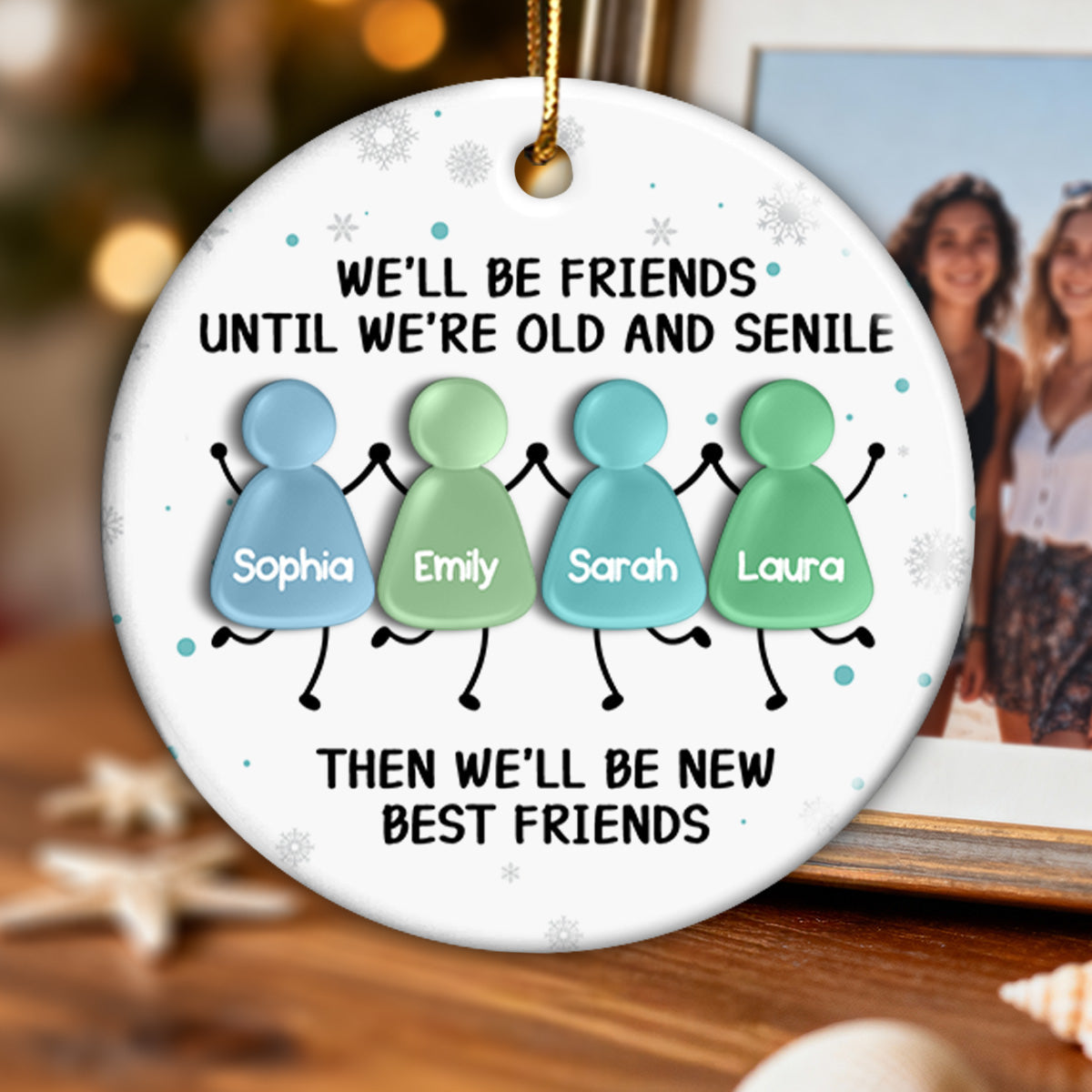 3D Sea Glass Effect Christmas Happy Besties - Personalized Ceramic Ornament With Acrylic Pieces