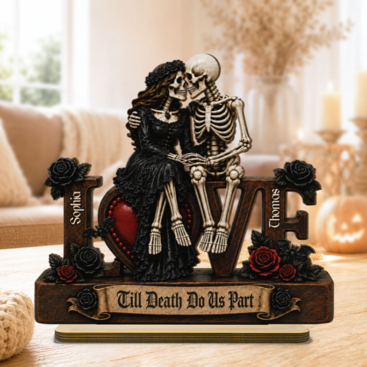 Skeleton Couple Eternal LOVE 2D Flat - Personalized 2-Layered Wooden Plaque - Halloween Decor For Couple