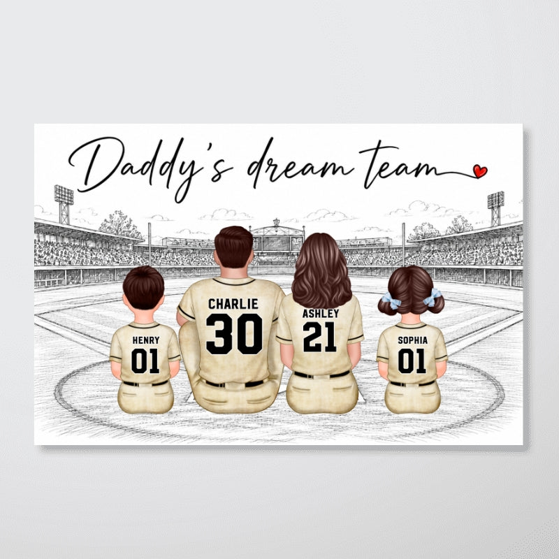 Sketch Style Baseball Family Daddy's Dream Team - Personalized Poster - Father's Day Gift For Dad, Husband