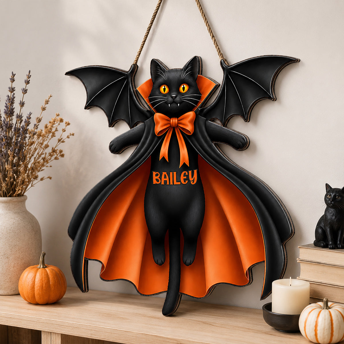 Halloween Cat Vampire - Personalized Wooden Door Sign - Summerween Decor for Cat Lovers