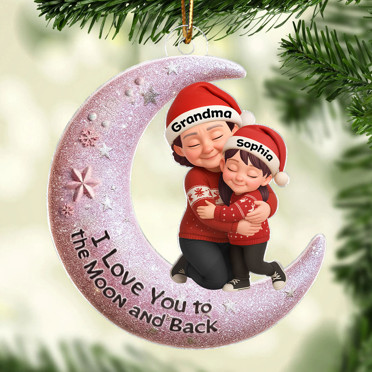 Grandma Hugging Grandkid on Moon - Personalized Acrylic Ornament - Christmas Gift for Grandma, Grandkids
