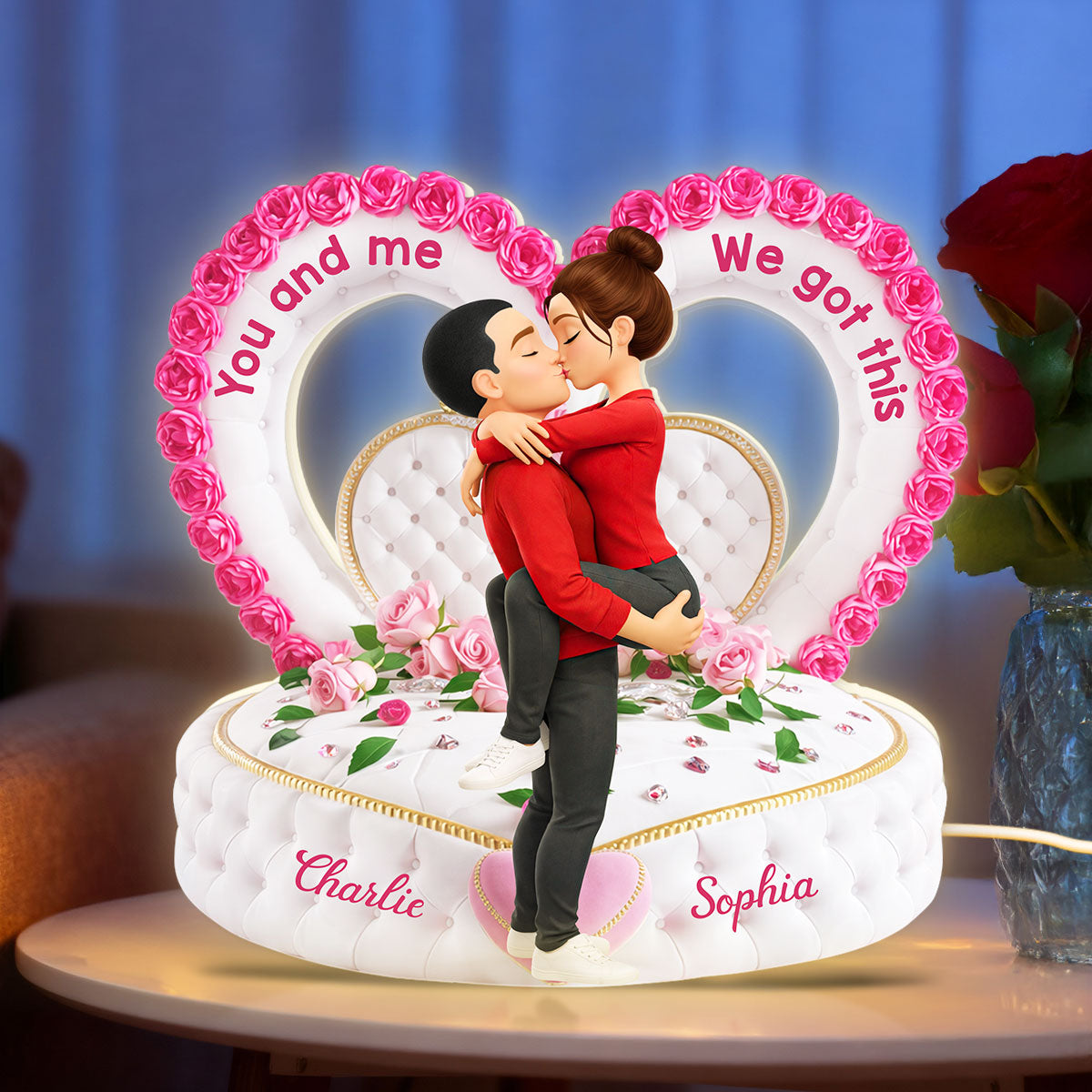 Romantic Heart-Shaped Headboard with Roses - Personalized Light Box - Heartfelt Valentine's Day Gift for Her, for Him