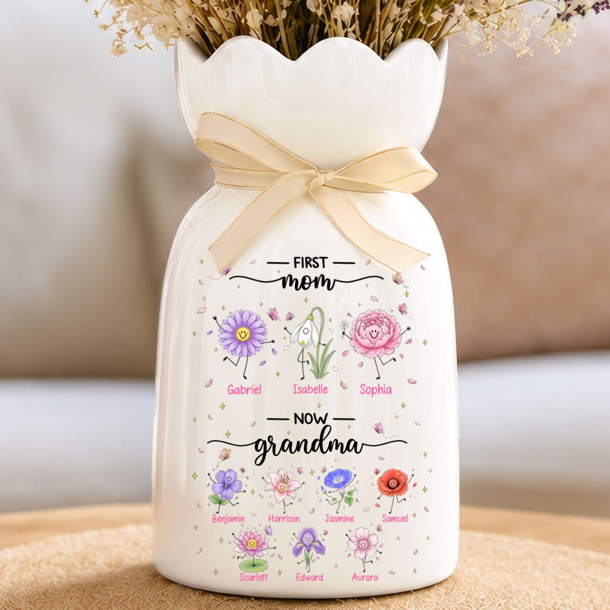 First Mom Now Grandma Doodle Birth Flowers - Personalized Ceramic Flower Vase - Gift For Grandma, Mom