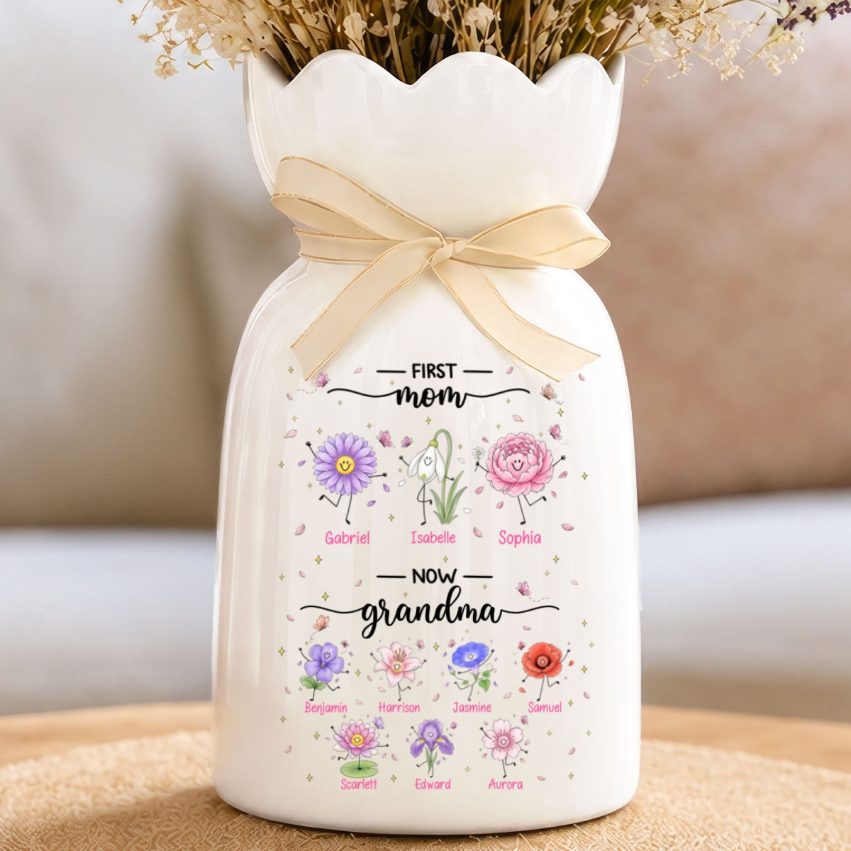 First Mom Now Grandma Doodle Birth Flowers - Personalized Ceramic Flower Vase - Gift For Grandma, Mom