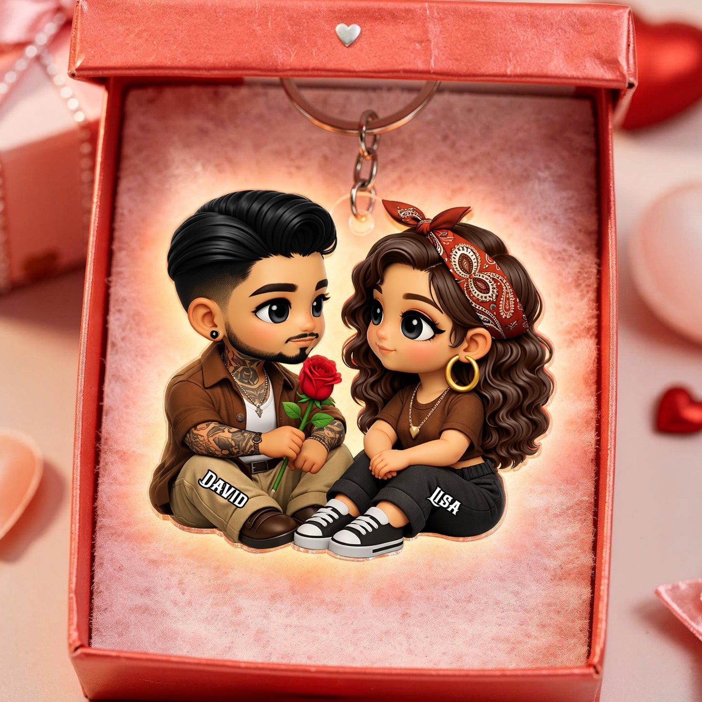 3D Effect Cute Couple A Rose For You - Personalized Acrylic Car Hanger - Valentine's Gift For Him, For Her, For Couple
