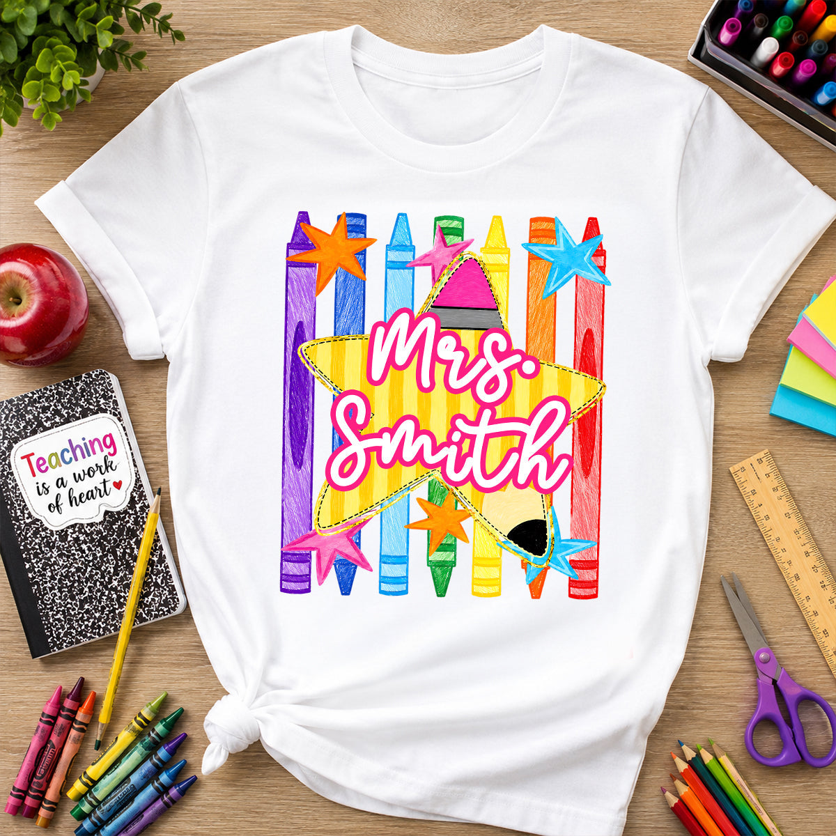 Striped Custom Teacher Name Pencil Crayons - Personalized Shirt - Back To School Gift for Teachers