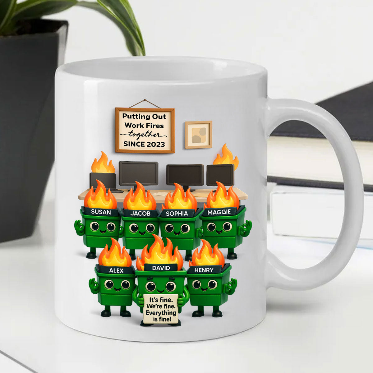 Funny Dumpster Fire Office Chaos - Personalized Mug - Funny Christmas Gift, White Elephant Gift for Coworkers