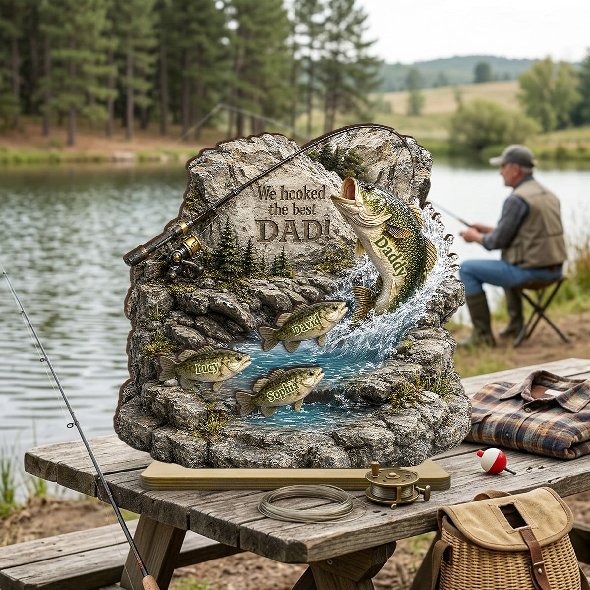 Fishing Dad And Kids Together - Personalized 2-Layered Wooden Plaque - Heartfelt Gift For Fishing Dad, Gift For Husband
