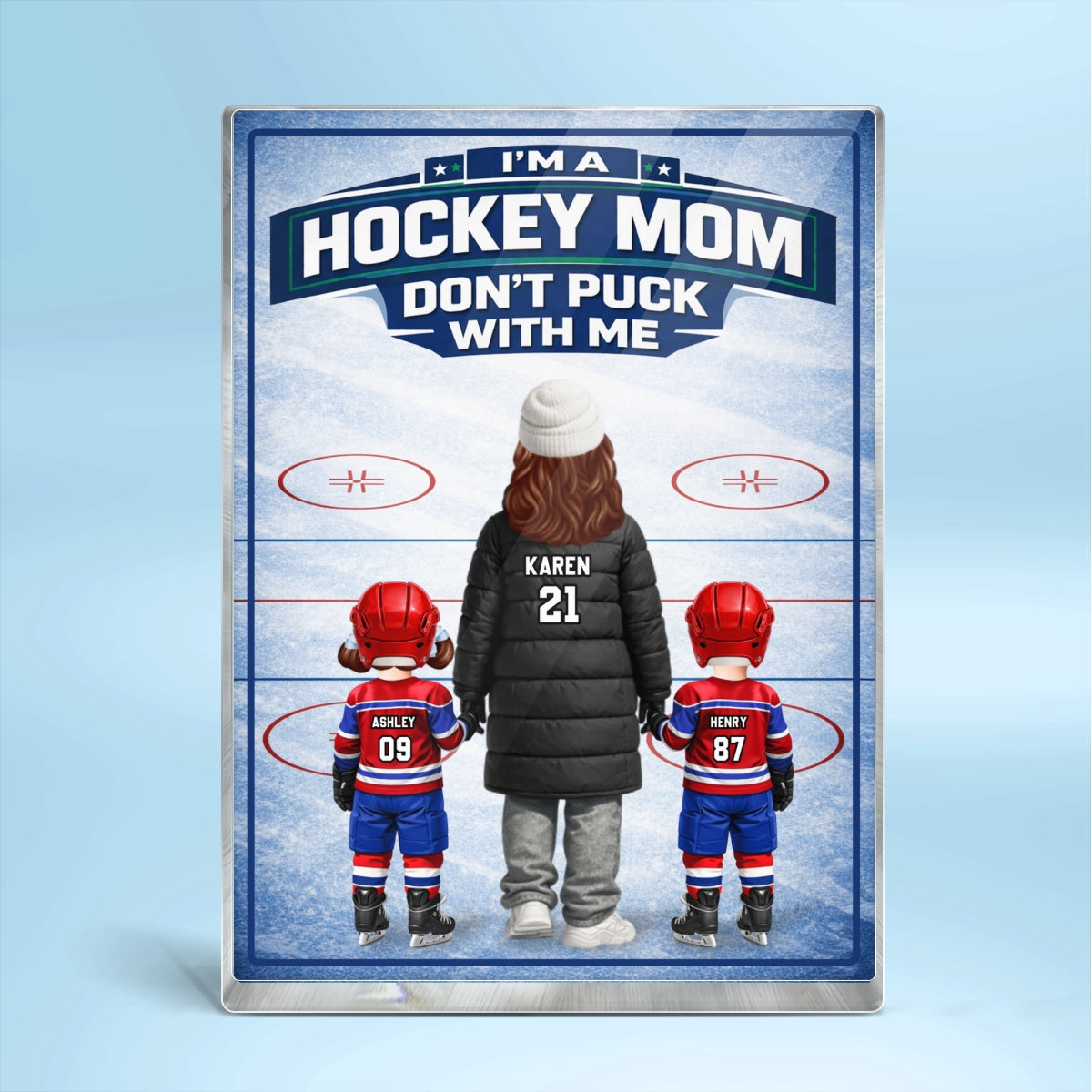 Hockey Mom And Her Kids - Personalized Acrylic Block Plaque - Heartfelt Gift For Hockey Mom