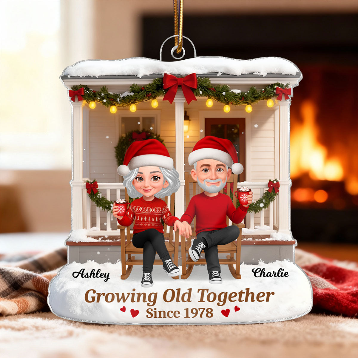 3D Effect Christmas Couple Sitting On Front Porch - Personalized Acrylic Ornament - Heartfelt Gift For Couple