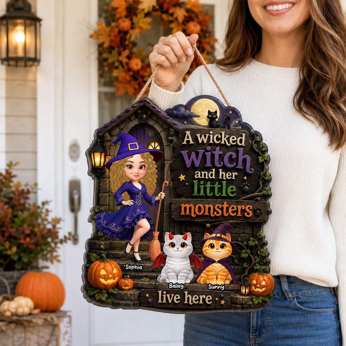 Mysterious Wicked Witch And Little Monsters Cats - Personalized Wood Sign - Halloween Gift For Cat Lovers, Halloween Decor
