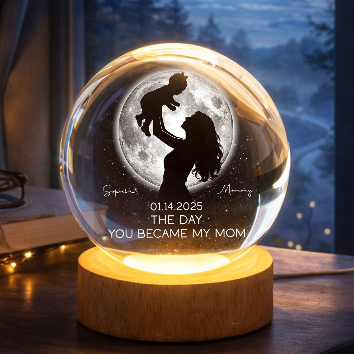 The Day You Became My Mom, Custom Moon Phase by Date - Personalized Crystal Ball LED Night Light - Heartfelt Mother's Day Gift for Mom, Wife