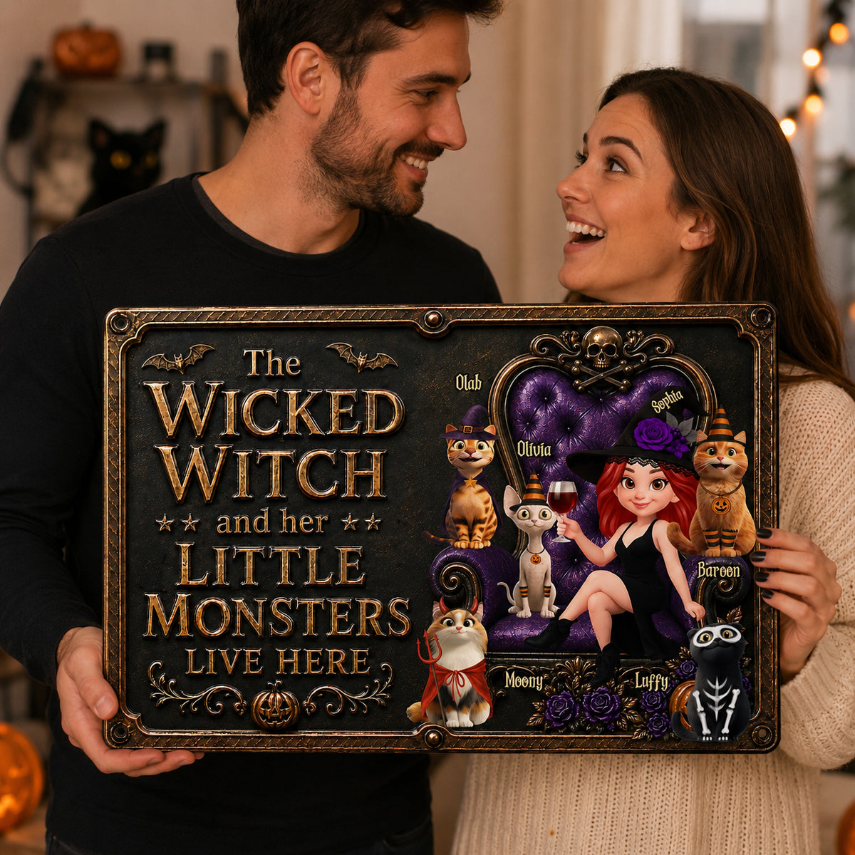 The Wicked Witch And Her Monster Cats Live Here - Personalized Metal Sign - Halloween Decor for Cat Moms