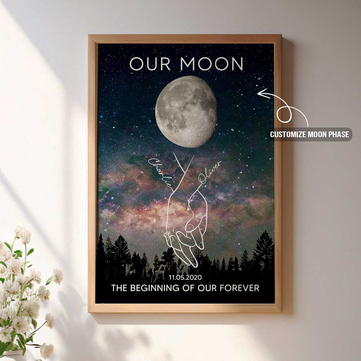 Timeless Love Couple Holding Hands Line Art Custom Moon Phase Anniversary Date - Personalized Poster - Gift For Couple
