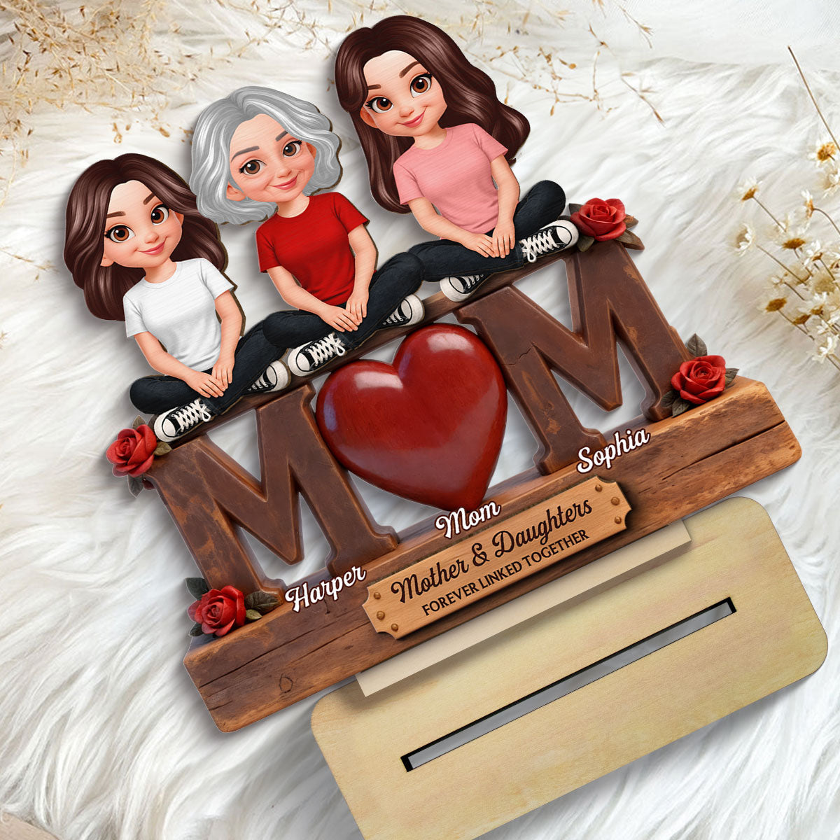 Beautiful Rose Love MOM And Daughters Sons - Personalized 2-Layered Wooden Plaque - Gift For Mom