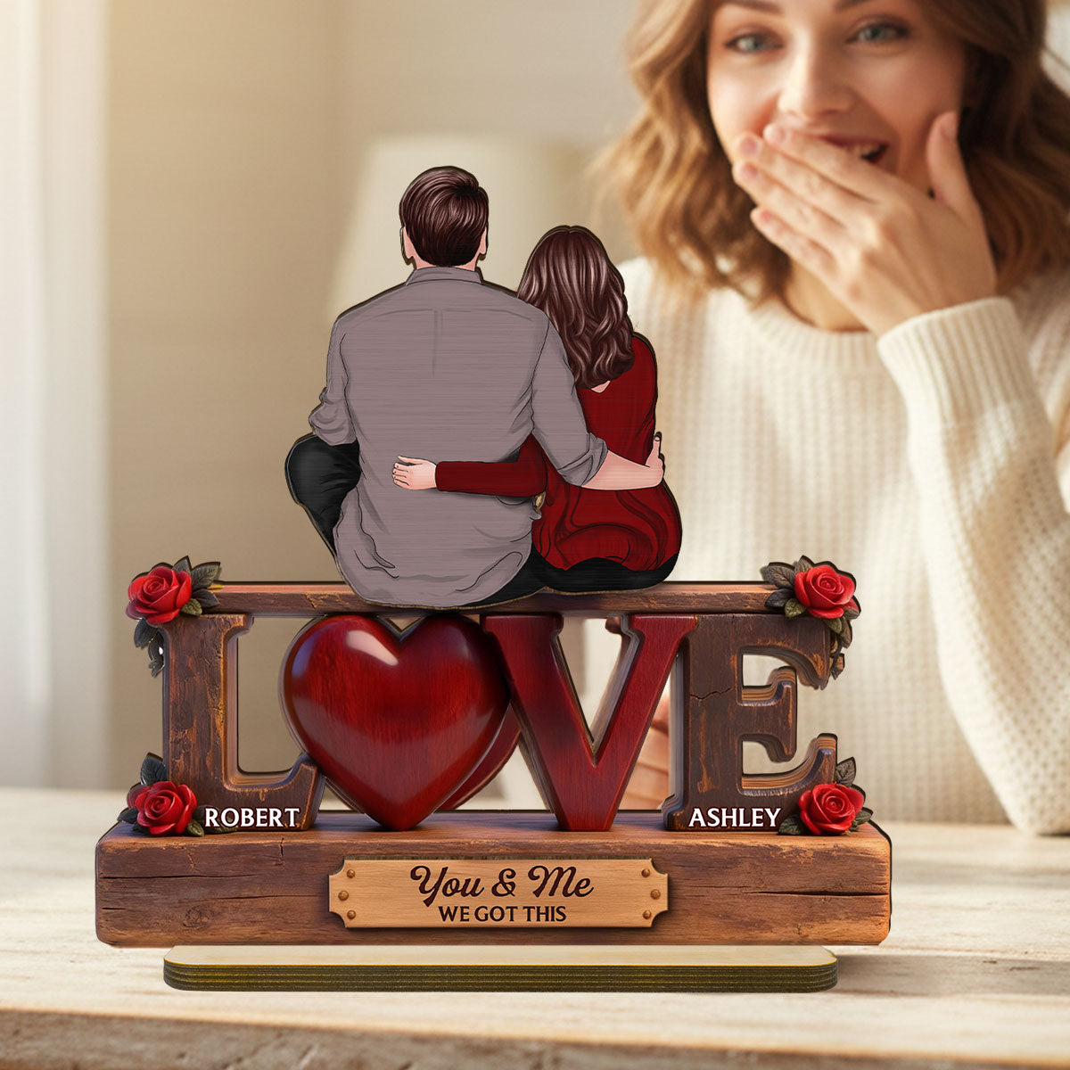 Roses LOVE Back View Couple Sitting Embracing - Personalized 2-Layered Wooden Plaque - Valentine's Day Gift For Couple, For Him, For Her