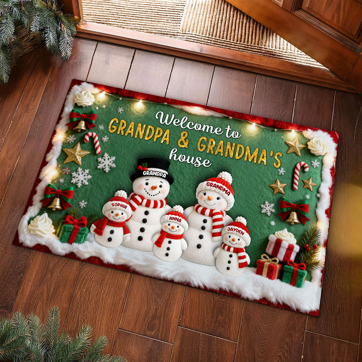 3D Effect Festive Christmas Snowman Welcome To Grandma Grandpa House - Personalized Doormat - Gift For Grandparents