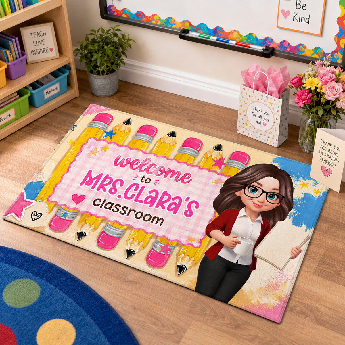 Pastel Pencil Teacher Welcome To Classroom - Personalized Doormat - Back To School Gift For Teachers, Classroom Decors