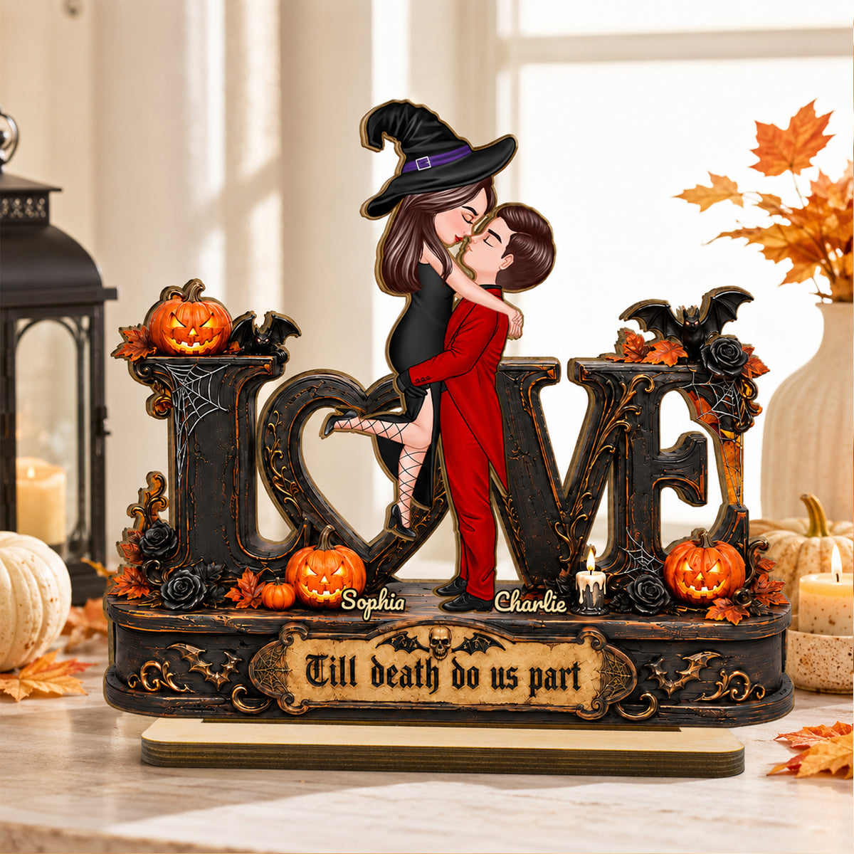 Love Halloween Couple Til Death Do Us Apart - Personalized 2-Layered Wooden Plaque - Halloween Decor Gift, Gift For Couple