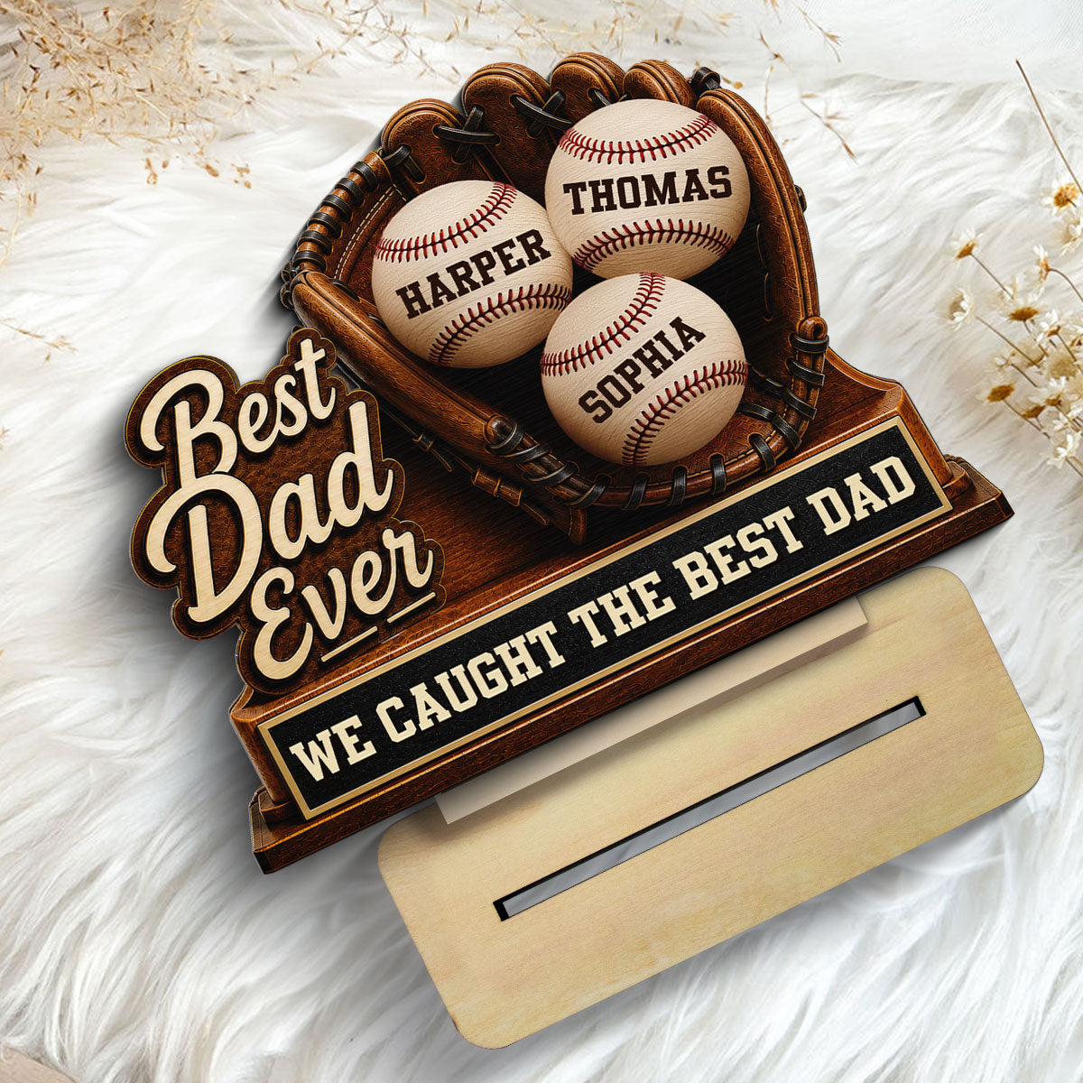 We Caught The Best Dad Baseball Glove - Personalized 2-Layered Wooden Plaque - Happy  For Baseball Dad