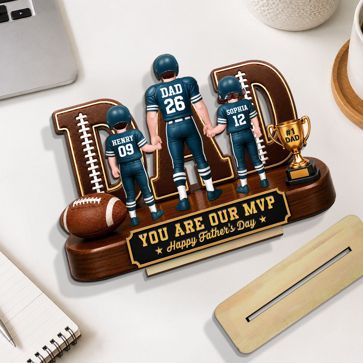 American Football No 1 Dad Legend Daddy's Dream Team - Personalized 2-Layered Wooden Plaque -  Gift For Dad