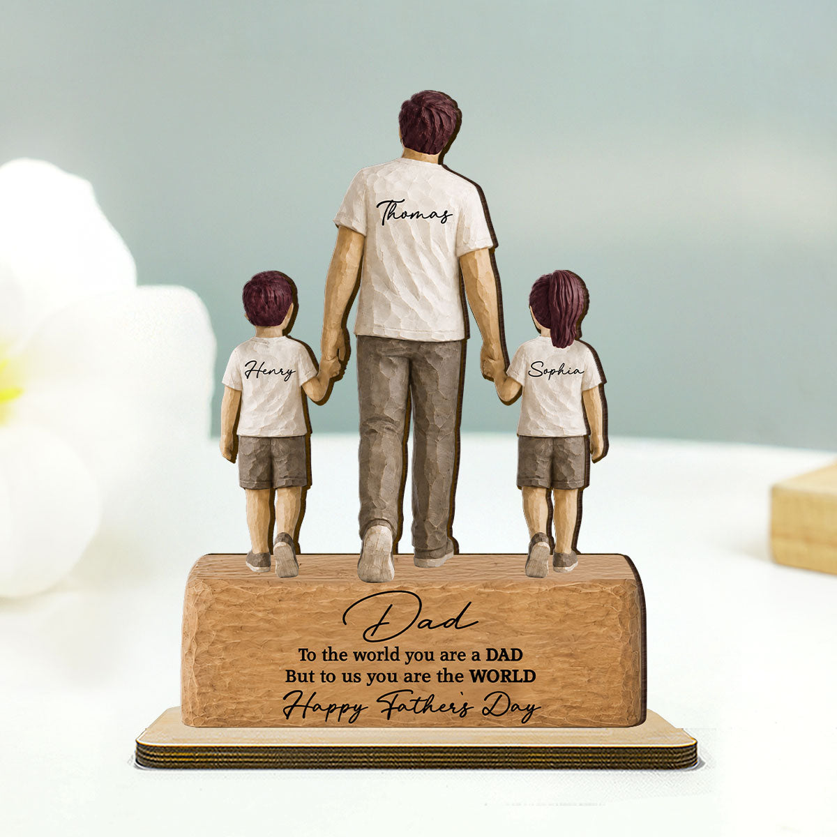 Sentimental Rustic Dad And Kids Walking - Personalized 2-Layered Wooden Plaque - Heartfelt  Gift For Dad, Husband