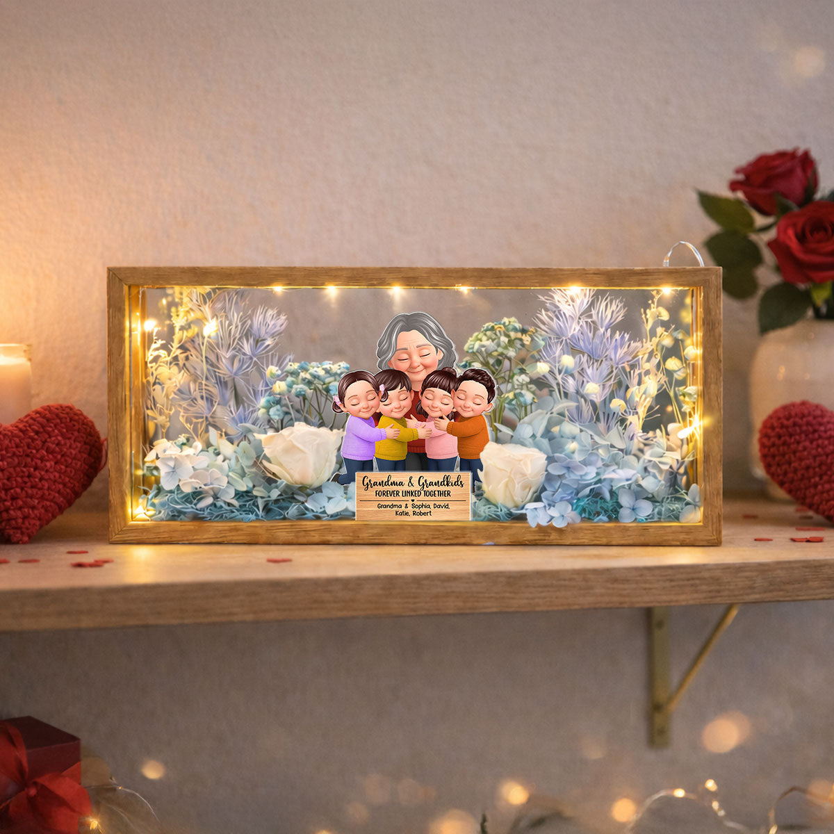 Grandma And Grandkids Forever Linked Together - Personalized DIY Flower Shadow Box LED Night Light - Gift For Grandma