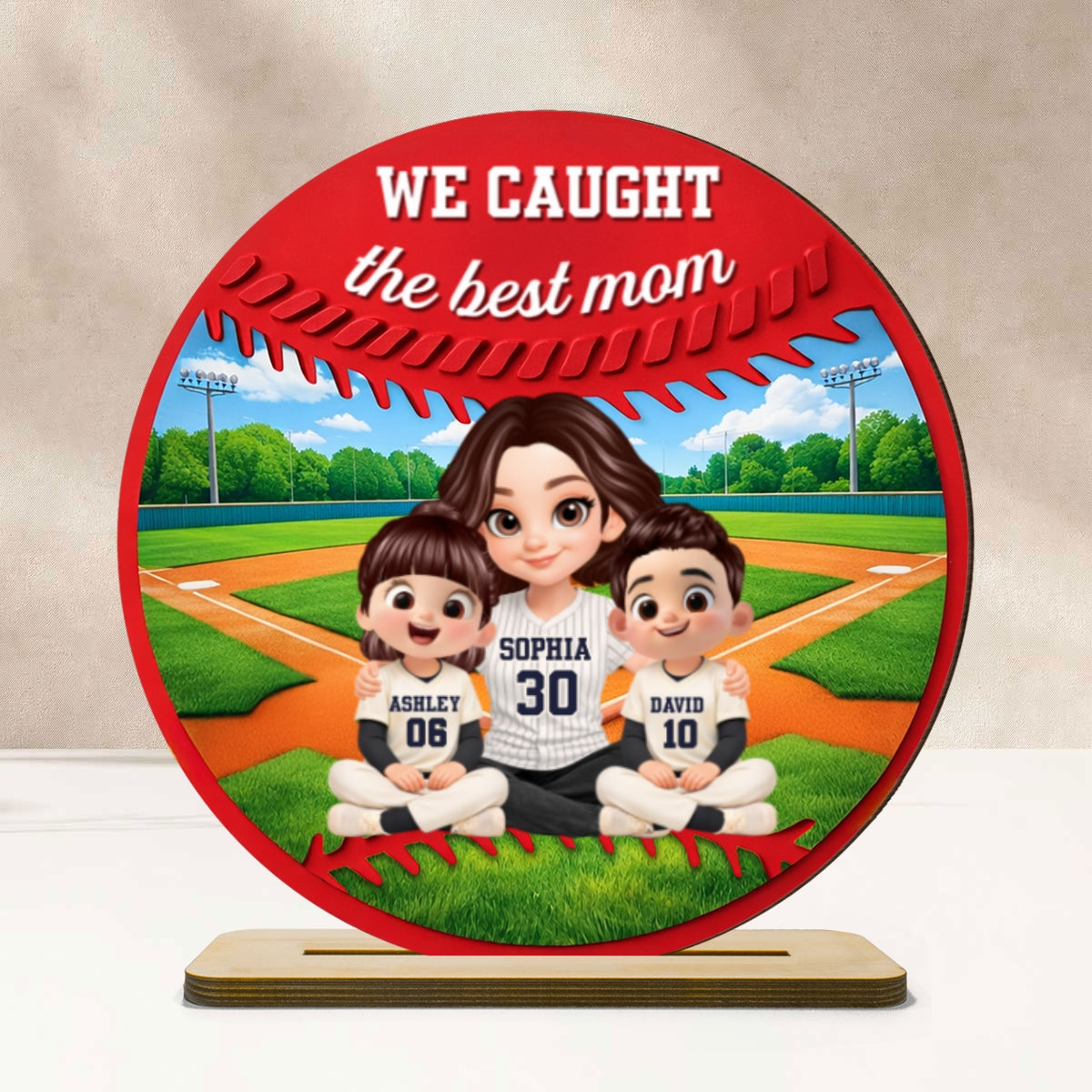 Mom And Kids Baseball Field - Personalized 2-Layered Wooden Plaque - Heartfelt Gift For Baseball Mom, Grandma
