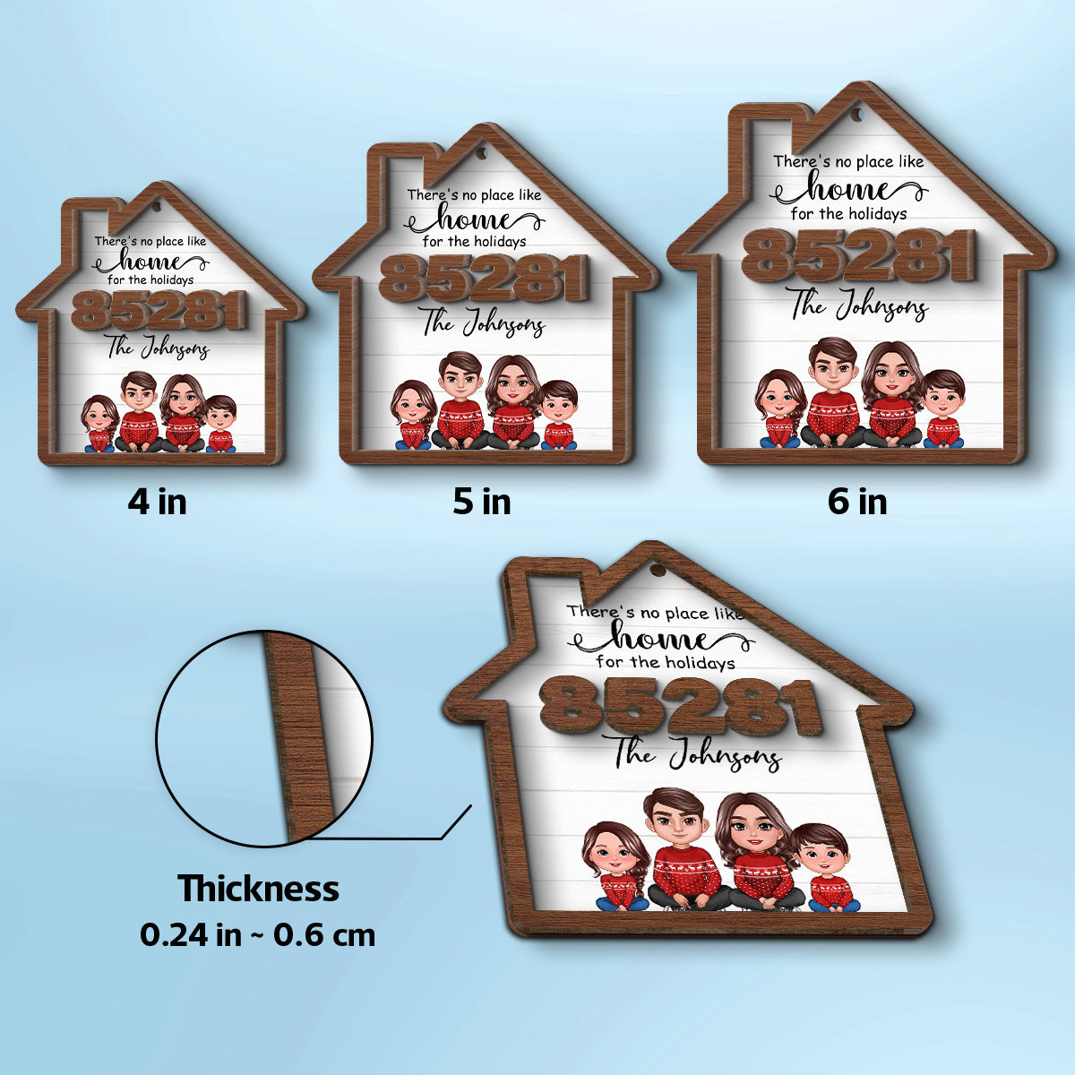 No Place Like Home For The Holidays Doll Family Sitting Zip Code - Personalized 2-Layer Wooden Ornament