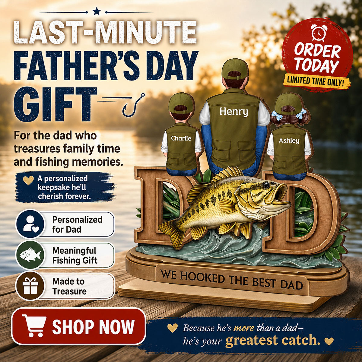 Fishing Dad And Kids Sitting Together - Personalized 2-Layered Wooden Plaque - Heartfelt Gift For Dad, Gift For Husband