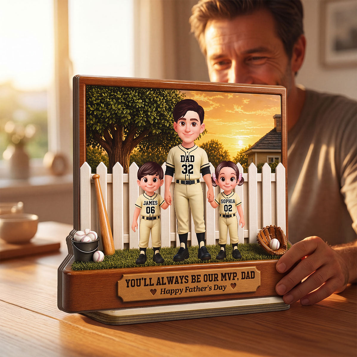 Baseball Dad And Kids Backyard We Caught The Best Dad - Personalized 2-Layered Wooden Plaque -  Gift For Dad