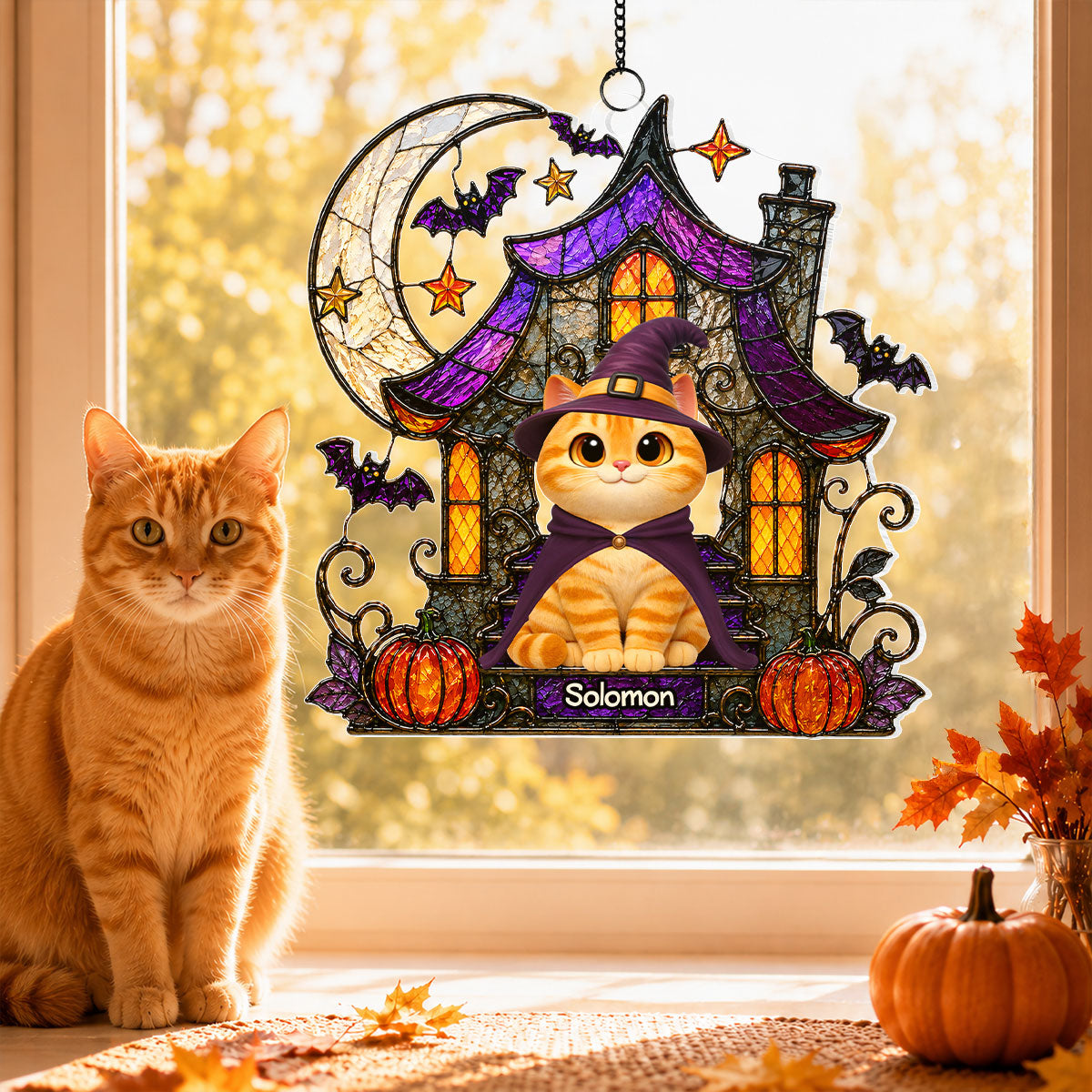 Halloween Haunted House Spooky Cats - Personalized Acrylic Window Hanging - Halloween Gift For Cat Lovers, Halloween Decor