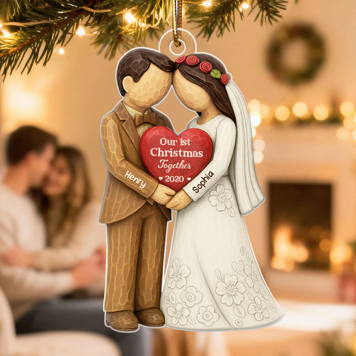 3D Effect First Christmas Married Engaged Couple - Personalized Acrylic Ornament - Christmas Gift for her, for him, Newlyweds Gift