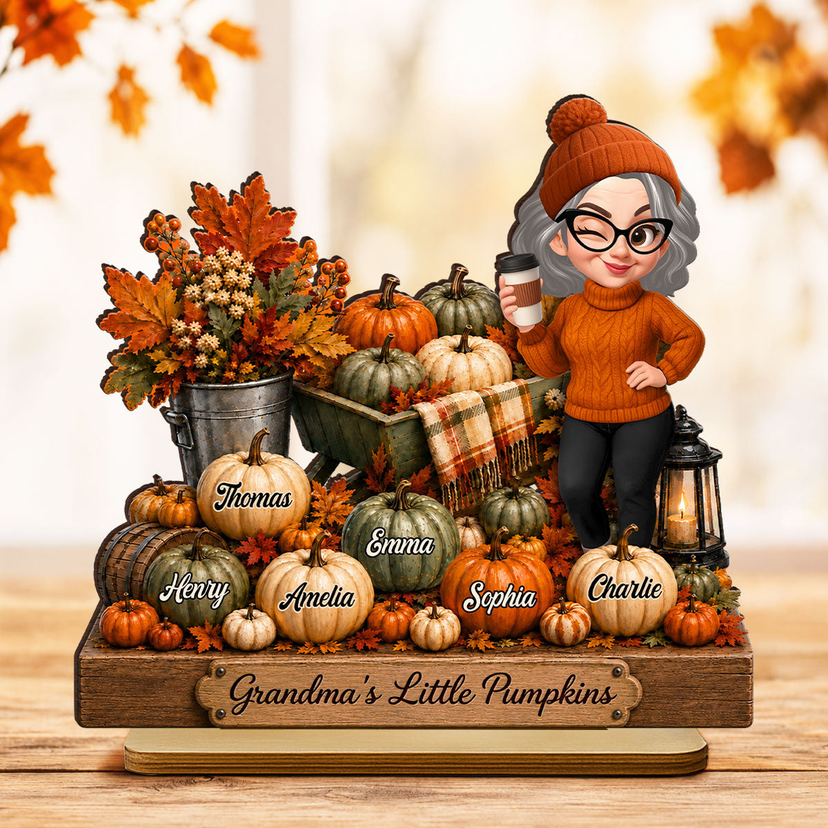 Pumpkin Wheelbarrow Grandma Grandkids - Personalized 2-Layered Wooden Plaque - Fall Season Decor Gift, Gift For Grandma