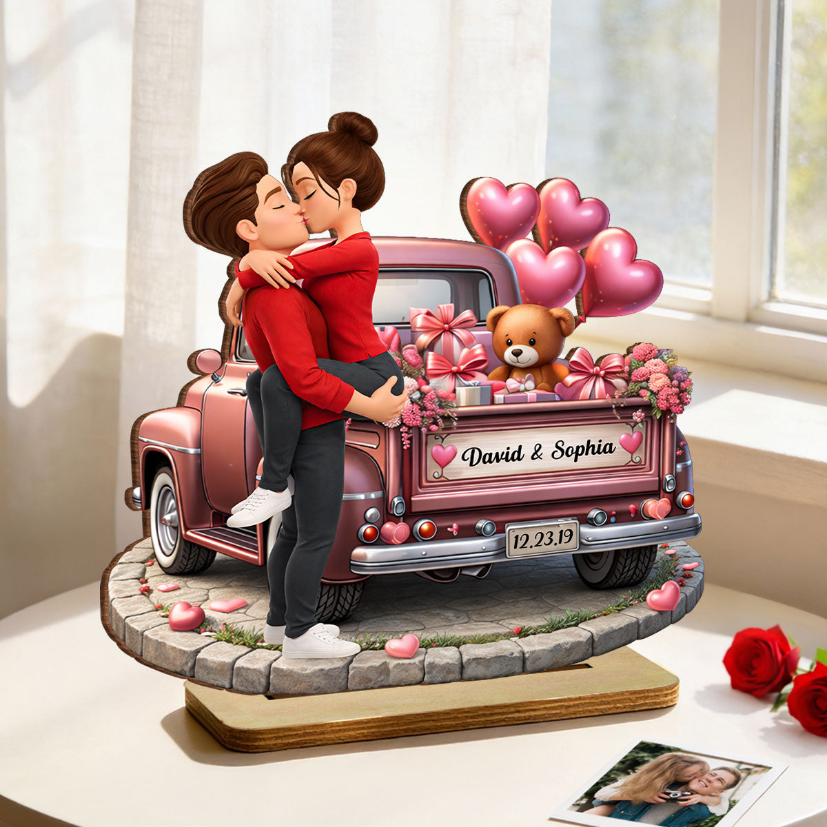 Valentine Truck Couple Kissing - Personalized 2-Layered Wooden Plaque - Anniversary, Valentine's Day Gift, Gift For Him, Gift For Her