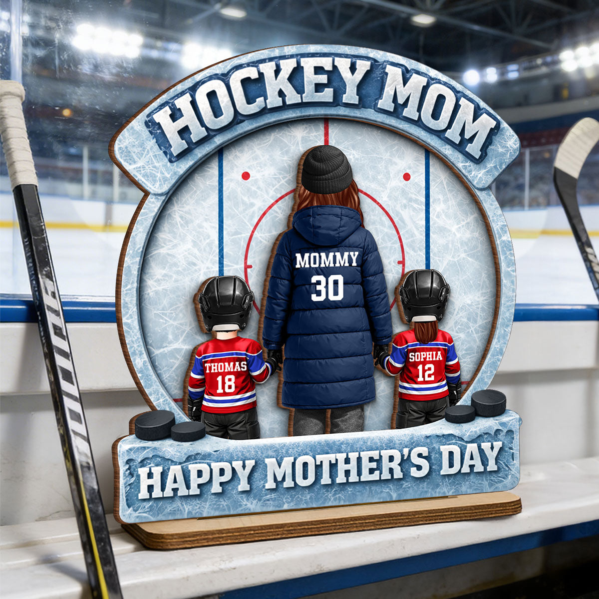 Hockey Mom Back View And Kids - Personalized 2-Layered Wooden Plaque - Mother's Day Gift For Hockey Mom